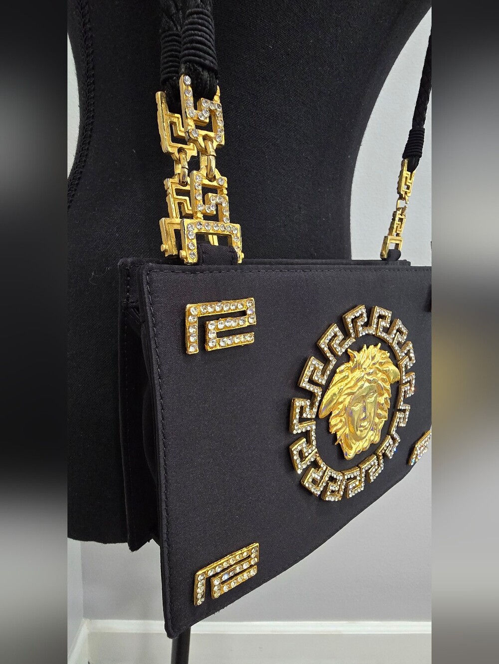 Rare Vintage 1992 Gianni Versace Couture Black Satin Rhinestone Medusa Bag - Picture 6 of 15